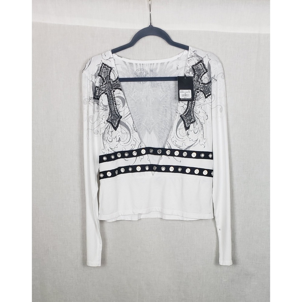 Affliction Sacrifice White Deep V-Neck Rhinestone Cross Wing Graphic Top 2XL NEW